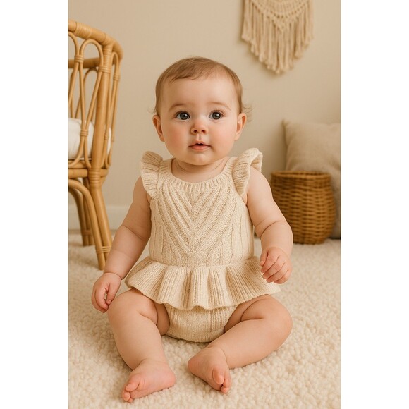 Nicole Miller New York Baby Girl Knit Romper 12M | Cream Cable Knit  Bodysuit - Picture 1 of 4